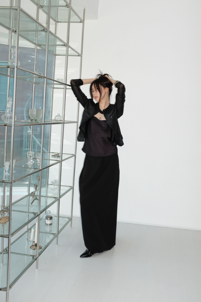 backslit unbalanced maxi skirt(2color) - black